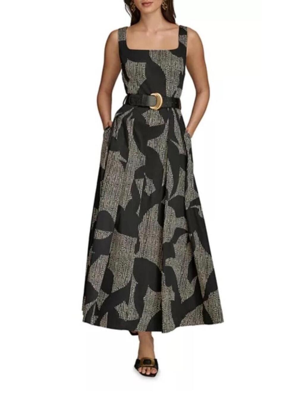 New Donna Karan New York Sleeveless Square Neck Floral A-Line Midi Dress Sz 4